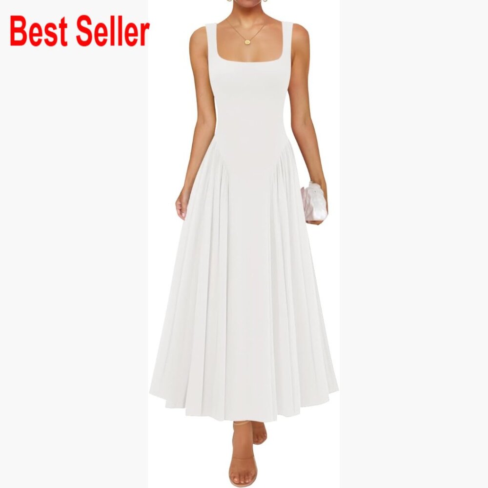 Viscose Elastane Maxi Dress Sleeveless Square Neck Low Waist